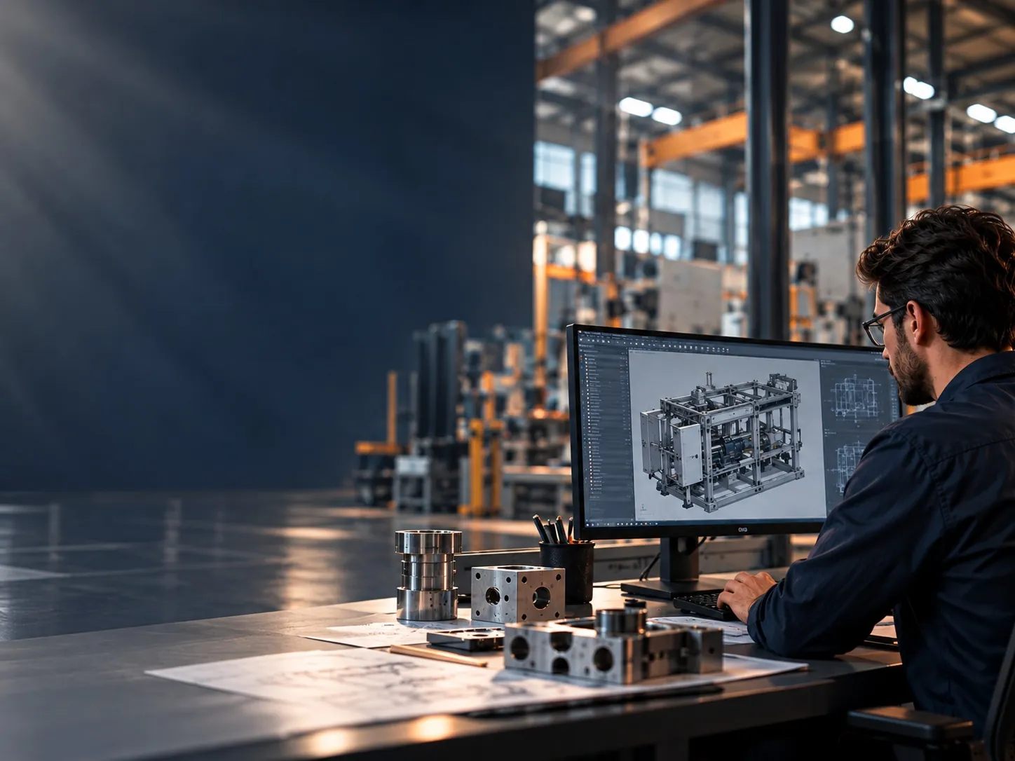 Engenharia: projetista trabalhando no modelo 3D de um equipamento no CAD